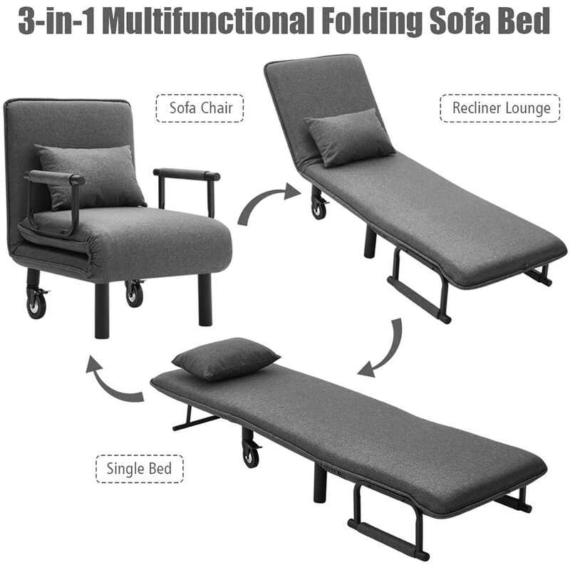 Foldable Movable Linen Single Sofa Bed with Pillow,Grey - Image 3
