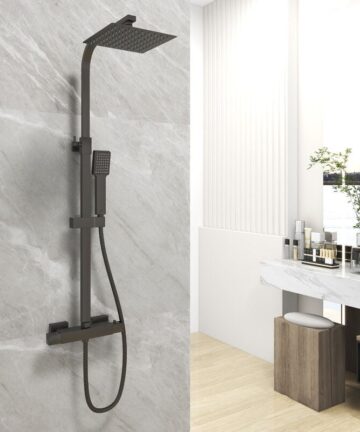 Acezanble Bathroom Thermostatic Mixer Shower Set Square Black Twin Head Exposed Valve
