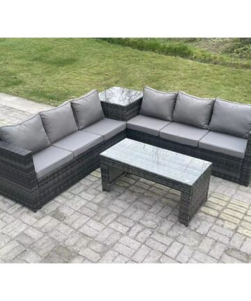 Fimous 6 Seater Rattan Corner Sofa Set With Square Side Table And Oblong Rectangular Coffee Tea Table Dark Grey Mixed
