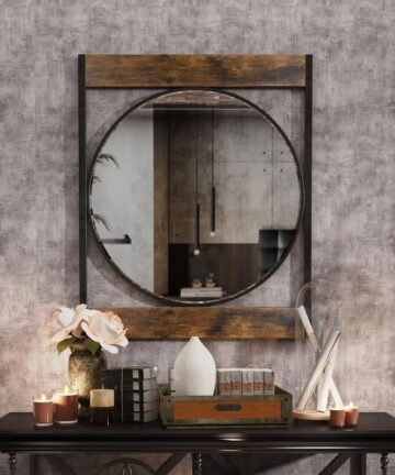 Industrial Round Wall Accent Mirror Metal Wood Frame