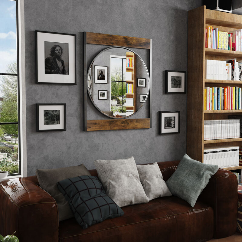 Industrial Round Wall Accent Mirror Metal Wood Frame - Image 2