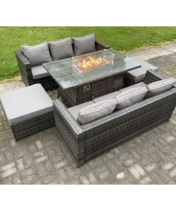 Fimous 8 Seater Outdoor Rattan Garden Furniture Sofa Set Gas Fire Pit Dining Table Gas Heater Burner With 3 Seater Sofa 2 Big Footstools Dark Grey Mixed