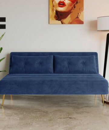 Blue Large Velvet Foldable 2 Seater Sofa Bed with Metal Legs