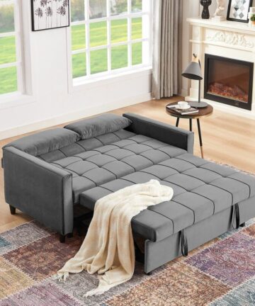 Convertible Velvet 3 Seater Sofa Bed 3-in-1 Pull out Armchair Folding Recliner Sleeper - Grey