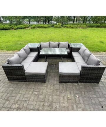 Fimous 11 Seater Wicker PE Rattan Outdoor Furniture Lounge Sofa Garden Dining Set with Dining Table 2 Side Tables 2 Big Footstools Dark Grey Mixed