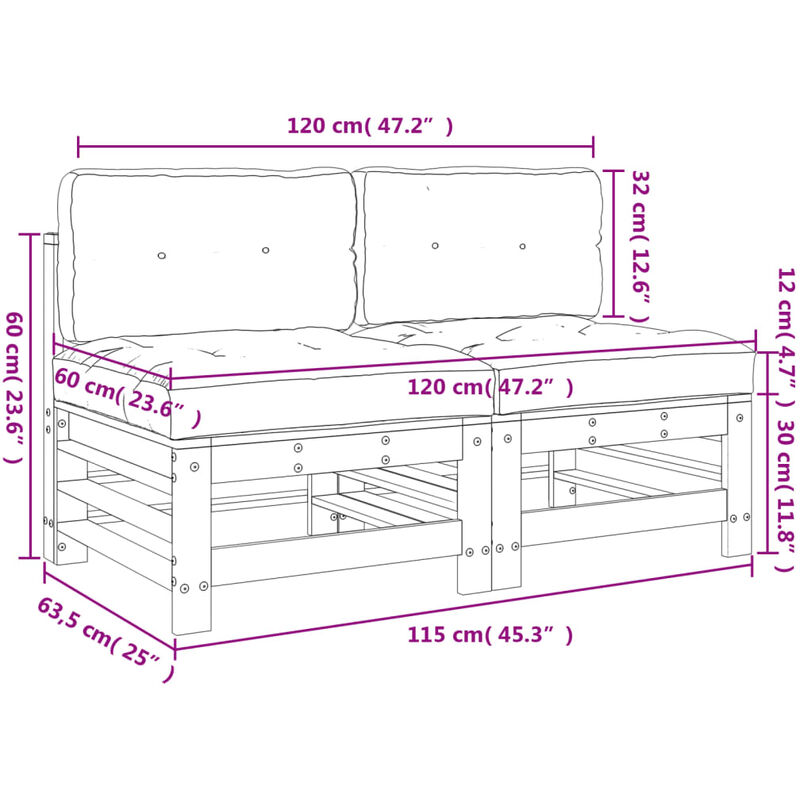 Middle Sofas with Cushions 2 pcs Solid Wood Douglas vidaXL - Image 3