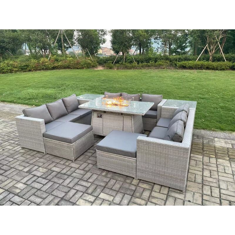 Fimous Outdoor Garden Dining Sets Rattan Furniture Gas Fire Pit Dining Table Gas Heater with 2 Side Tables 2 Big Footstools Light Grey - Image 3