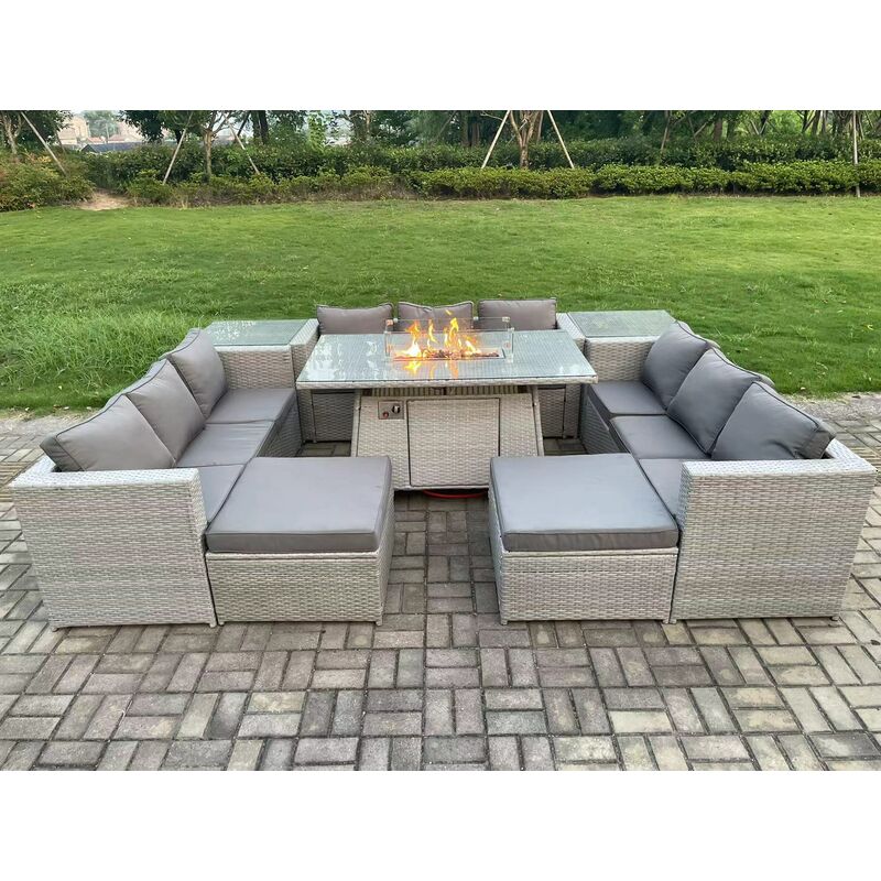 Fimous Outdoor Garden Dining Sets Rattan Furniture Gas Fire Pit Dining Table Gas Heater with 2 Side Tables 2 Big Footstools Light Grey - Image 4