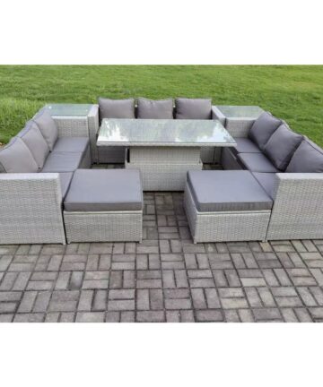 Fimous 11 Seater PE Rattan Garden Funiture Set Outdoor Height Adjustable Rising Lifting Table Sofa Dining Set with 2 Side Tables 2 Big Footstools