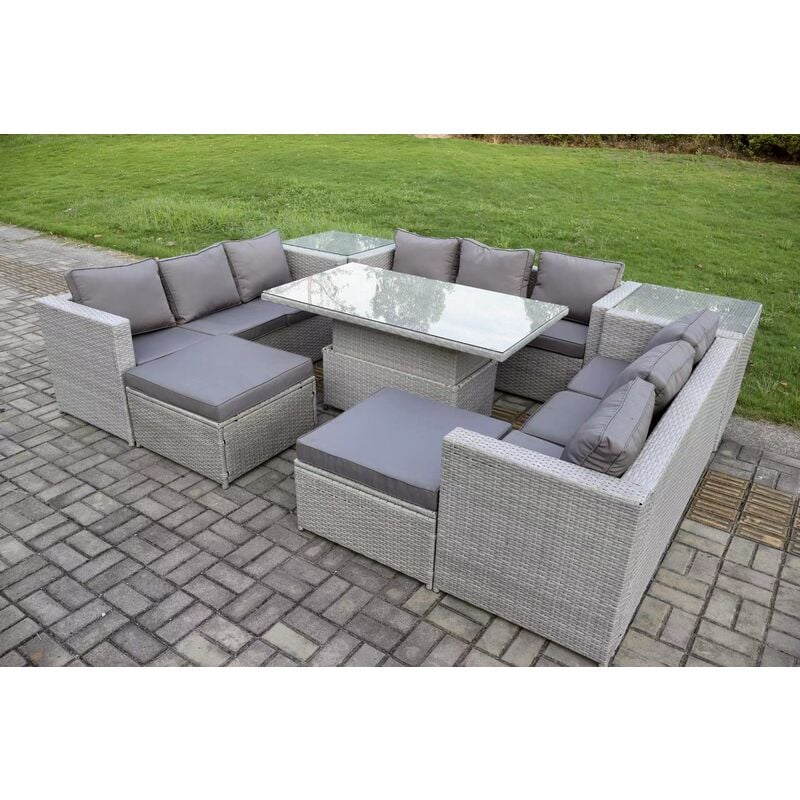 Fimous 11 Seater PE Rattan Garden Funiture Set Outdoor Height Adjustable Rising Lifting Table Sofa Dining Set with 2 Side Tables 2 Big Footstools - Image 2