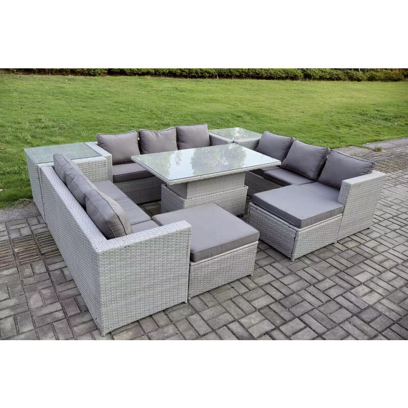 Fimous 11 Seater PE Rattan Garden Funiture Set Outdoor Height Adjustable Rising Lifting Table Sofa Dining Set with 2 Side Tables 2 Big Footstools - Image 3