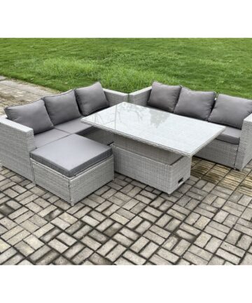 Fimous Outdoor Rattan Garden Funiture Set Height Adjustable Rising Lifting Table Sofa Dining Set with Big Footstool