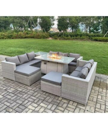 Fimous 11 Seater Outdoor Garden Dining Sets Rattan Furniture Gas Fire Pit Dining Table Gas Heater with Side Table 2 Big Footstools Light Grey