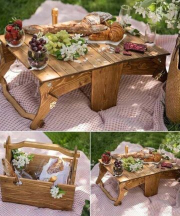 AlwaysH Outdoor Foldable Wooden Picnic Basket, Portable Wine Picnic Table, 2 in 1 Picnic Table, Convertible Wooden Storage Basket for Outdoor or Indoor Picnic (Colourful)