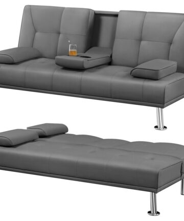 Yaheetech Click Clack Sofa Bed 3 Seater Sofa Couch Living Room/Spare Room/Guest Room Bed Settee With Cup Holders, Dark Gray