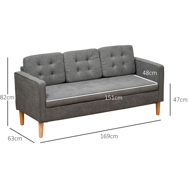 HOMCOM Modern 3 Seater Sofa with Hidden Storage and Rubber Wood Legs, Grey - Image 2