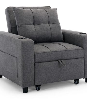 HUDSON SOFA BED LINEN FABRIC WITH CUP HOLDERS GREY 1-SEATER