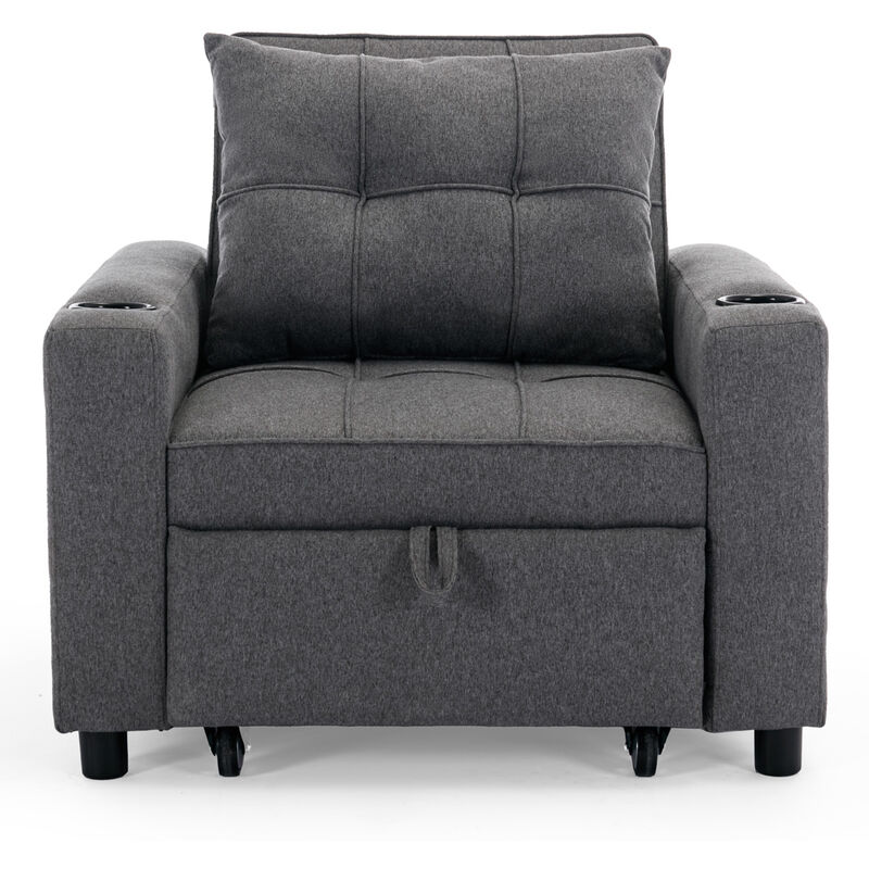 HUDSON SOFA BED LINEN FABRIC WITH CUP HOLDERS GREY 1-SEATER - Image 2