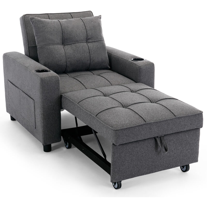 HUDSON SOFA BED LINEN FABRIC WITH CUP HOLDERS GREY 1-SEATER - Image 3