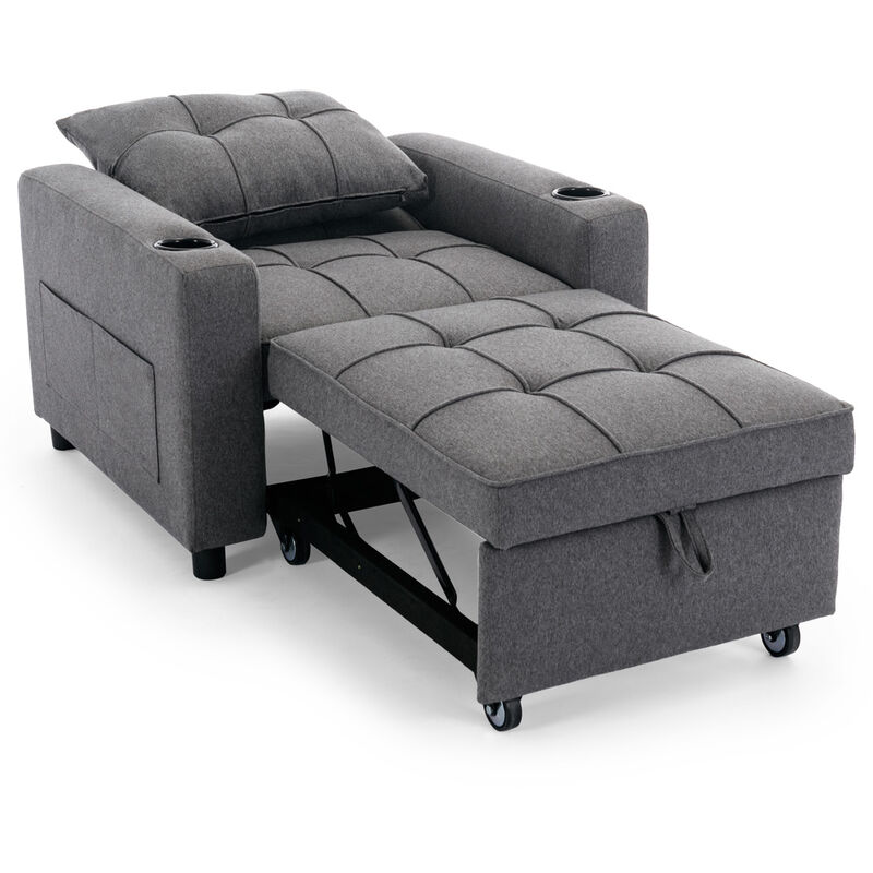 HUDSON SOFA BED LINEN FABRIC WITH CUP HOLDERS GREY 1-SEATER - Image 4