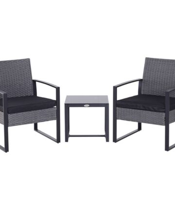 Outsunny 3 Pieces Rattan Patio Bistro Set 2 Chairs Coffee Side Table Set Grey