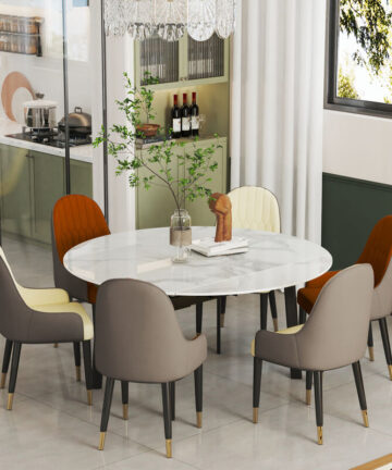 52" Round Slate Extendable Dining Table Retractable Leaf Restaurant Table, Grey white