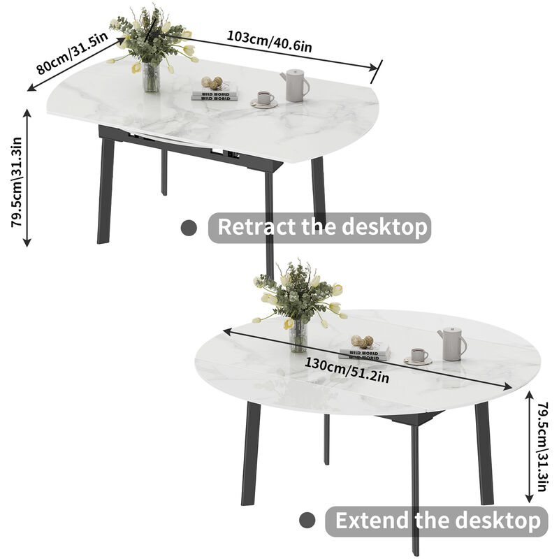 52" Round Slate Extendable Dining Table Retractable Leaf Restaurant Table, Grey white - Image 2
