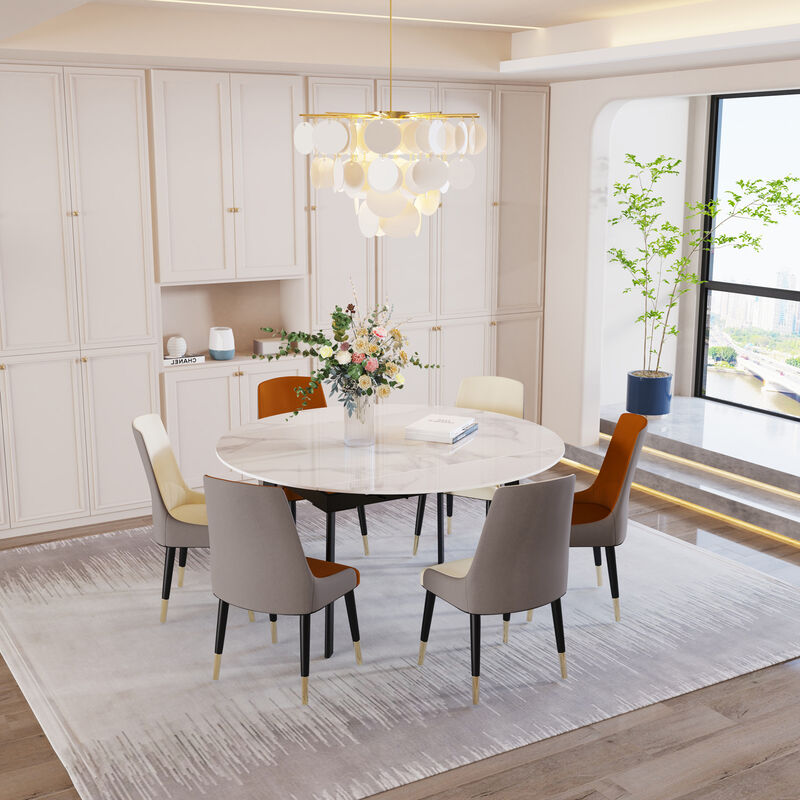 52" Round Slate Extendable Dining Table Retractable Leaf Restaurant Table, Grey white - Image 4