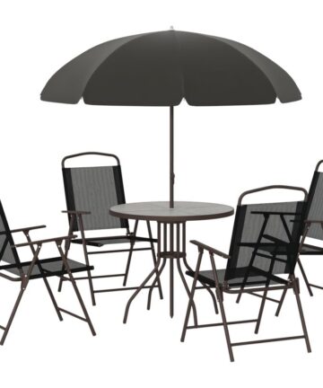 Outsunny 6 Piece Patio Dining Set with Garden Umbrella 4 Folding Chairs Black