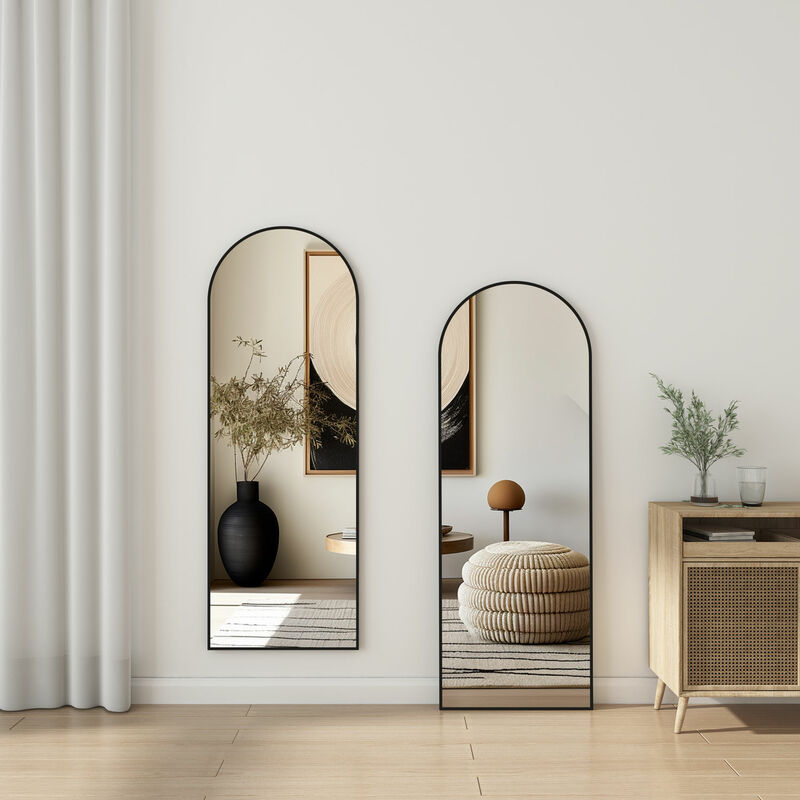 Arched Full Length Mirror 150cm, Free Standing Leaning Mirror Hanging Mounted Mirror Aluminum Frame Modern Simple Home Decor for Living Room Bedroom Cloakroom, Black - Image 2