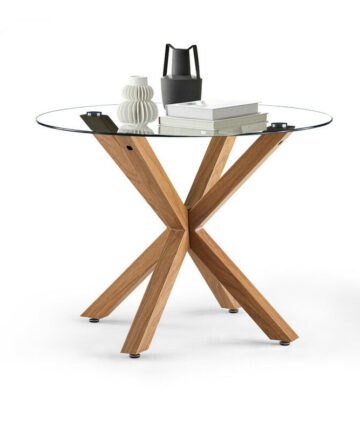 Dining Table,100cm Kitchen Table with Tempered Glass Top and Wooden Pattern Legs