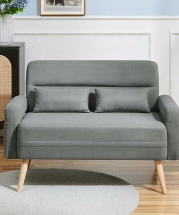 Modern Fabric 2 Seater Sofa Small Loveseat Upholstered Couch 116cm Futon Settee Lounge with Tapered Legs for Dorm/Office/Bedroom/Living Room Furniture Light Gray