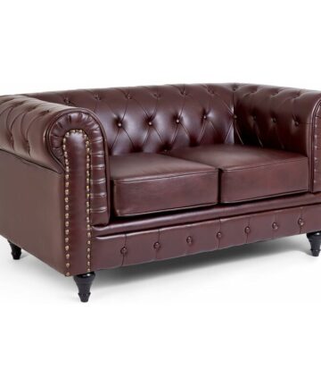 Leather Chesterfield Sofa- Brown. 2 Seater Settee, Faux Bonded Leather Vintage Couch. Living Room Furniture, Easy Clean. 2 Seater- 160cm x 90cm x 78cm