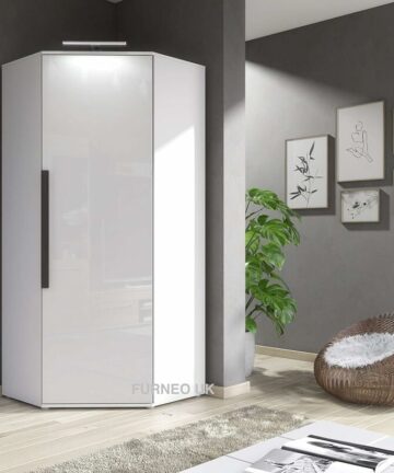 Furneo Modern White High Gloss & Matt Corner Wardrobe Bedroom Closet Sotrage With LED Light Clifton 14