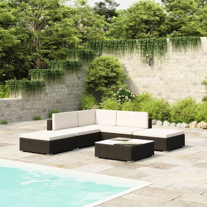 6 Piece Garden Lounge Set with Cushions Poly Rattan Black vidaXL - Image 2