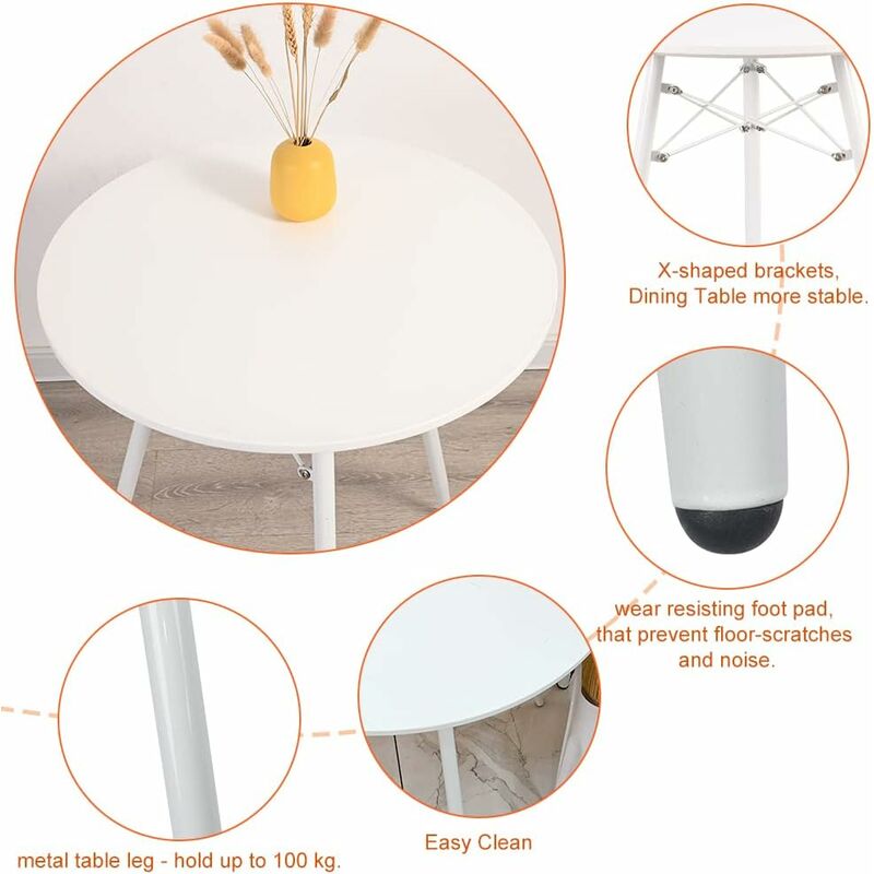 Table de Salle à Manger, 60 cm, Style Simple, Moderne, en Bois du Milieu du siècle, avec Pieds en mÃetal Durable, pour Salon, Bureau, Cuisine, Blanc - Image 4