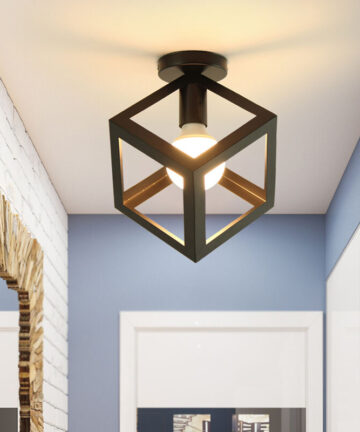 Ceiling Lighting Fitting Vintage, Cube Metal Ceiling Lamp, Industrial Geometric Chandelier with Lampshade for Living Room Hallway (Black)