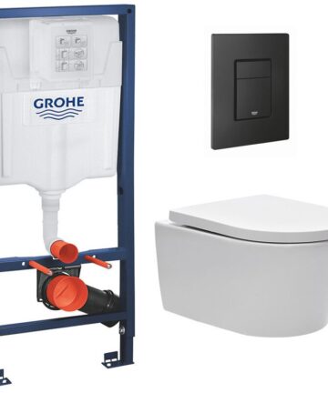 Grohe Rapid SL Toilet Frame + Swiss Aqua Technologies Rimless Toilet + Matt Black Flush Plate (RSLSATKF0)