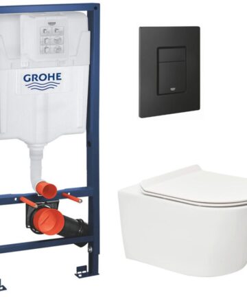 Grohe Toilet Pack Rapid SL Frame + SAT Brevis Rimless Toilet with Soft-Close Seat + Matt Black Flush Plate (RAPIDSL-BREVIS-KF0)