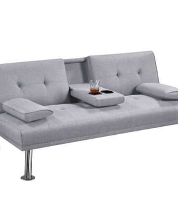 Yaheetech Fabric Upholstered Convertible Futon Sofa Bed for Small Spaces, Light Gray