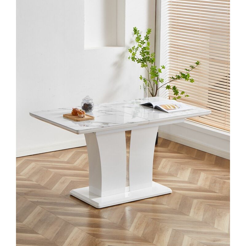 FURNIZONE UK Mozart White Marble-Effect Glass Extending Dining Table - Image 2