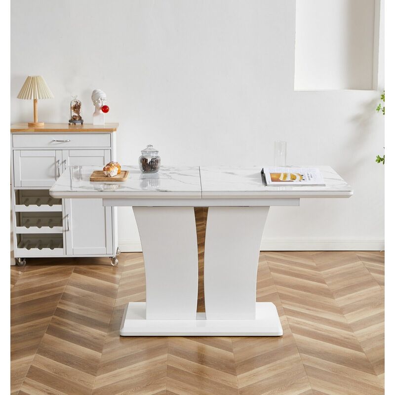 FURNIZONE UK Mozart White Marble-Effect Glass Extending Dining Table - Image 3