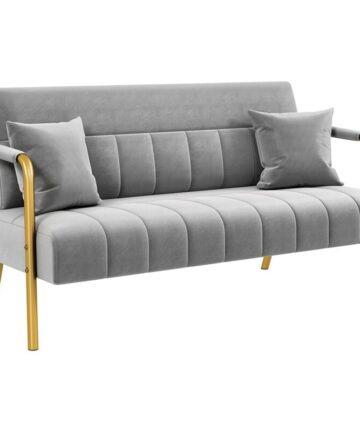 Yaheetech Upholstered Sofa Couch with Gold-tone Metal Arms and Legs, Modern Small Loveseat with 2 Pillows, Light Gray