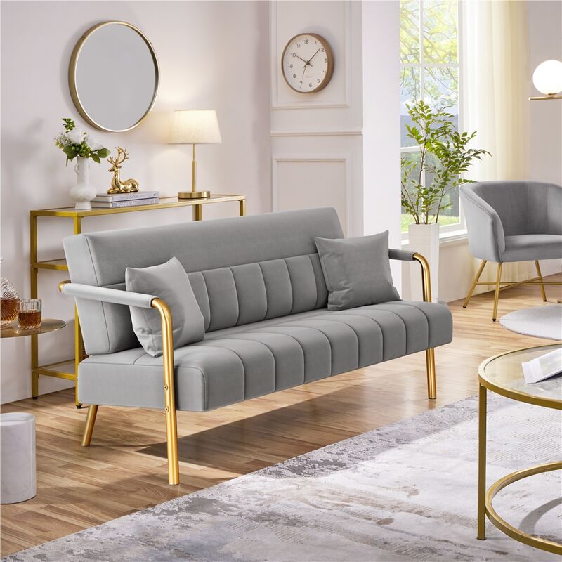Yaheetech Upholstered Sofa Couch with Gold-tone Metal Arms and Legs, Modern Small Loveseat with 2 Pillows, Light Gray - Image 2