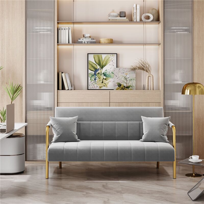 Yaheetech Upholstered Sofa Couch with Gold-tone Metal Arms and Legs, Modern Small Loveseat with 2 Pillows, Light Gray - Image 3