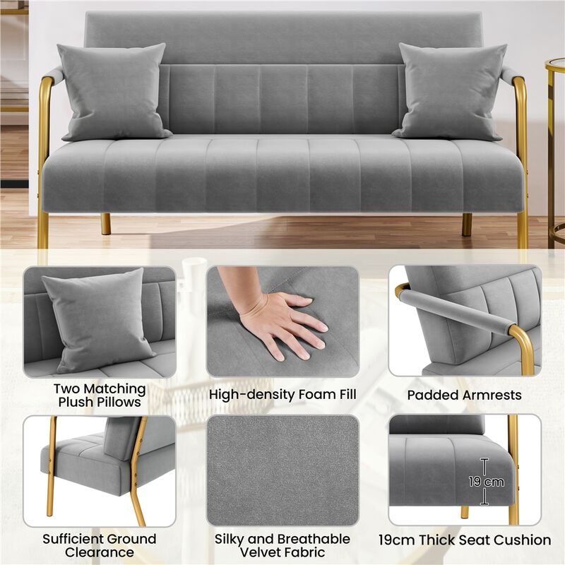 Yaheetech Upholstered Sofa Couch with Gold-tone Metal Arms and Legs, Modern Small Loveseat with 2 Pillows, Light Gray - Image 4