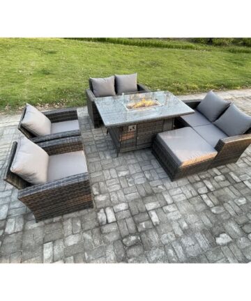 Fimous Wicker PE Rattan Garden Furniture Sets 7 Seater Patio Outdoor Gas Firepit Dining Table Heater Set with Double Seat Sofa Big Footstool Dark Grey Mixed
