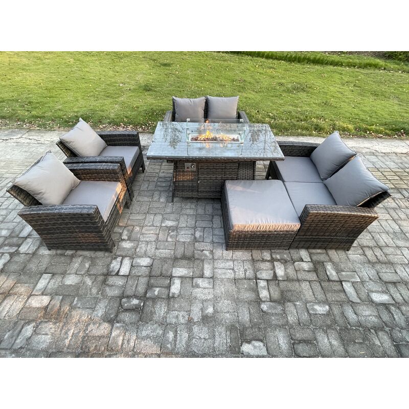 Fimous Wicker PE Rattan Garden Furniture Sets 7 Seater Patio Outdoor Gas Firepit Dining Table Heater Set with Double Seat Sofa Big Footstool Dark Grey Mixed - Image 2