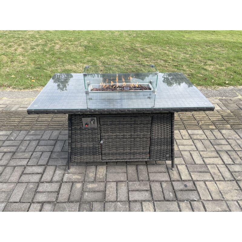 Fimous Wicker PE Rattan Garden Furniture Sets 7 Seater Patio Outdoor Gas Firepit Dining Table Heater Set with Double Seat Sofa Big Footstool Dark Grey Mixed - Image 4