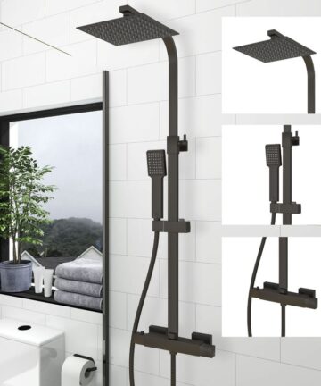 Acezanble Bathroom Square Black Exposed Valve Thermostatic Mixer Shower Set Twin Head